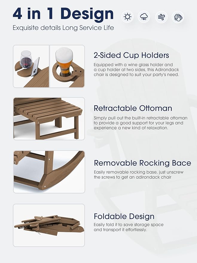 KINGYES Adirondack Rocking Chair Set of 2 with Retractable Ottoman and Cup Holders, HDPE Adirondack Rocker Patio Rocking Chair for Porch, Patio, Balcony, Brown