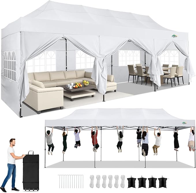 COBIZI 10x30 Pop up Canopy Heavy Duty with 8 Sidewalls, Easy Set-up Commercial Outdoor Party, 100% Waterproof Wedding Canopy Gazebo, 3 Height Adjustable with Wheeled Bag, White