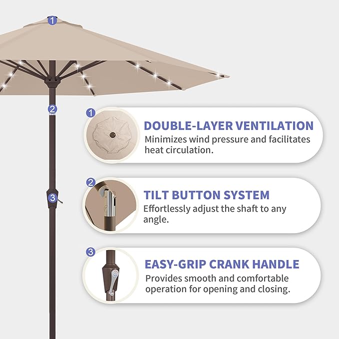 Kingdura 10FT Outdoor Patio Umbrella with Solar Lights, Market Table Umbrella with Push Button Tilt & Crank, 8 Sturdy Ribs, 32 LED Lights, UV Protection for Garden Lawn Deck Backyard Pool (Beige)