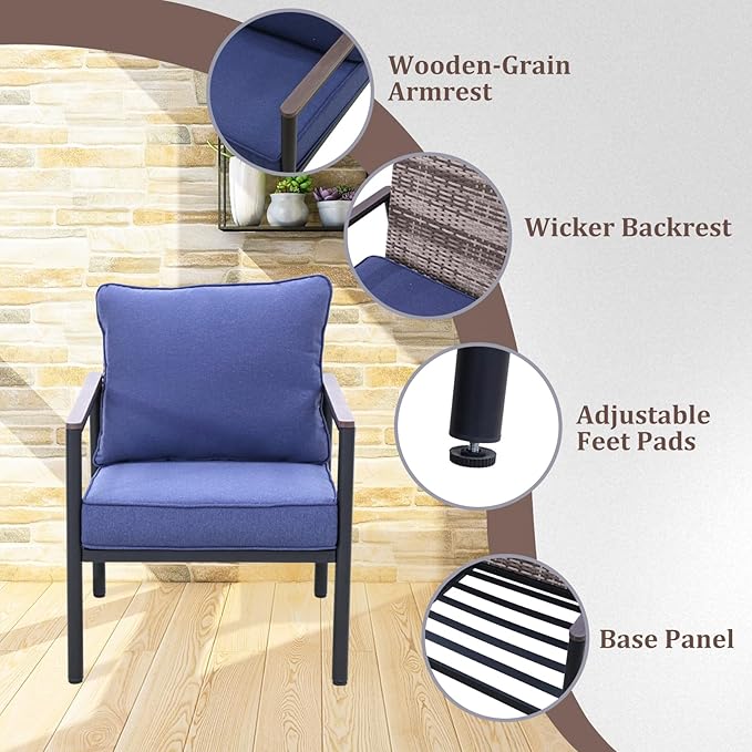 COOS BAY Sand Dune 5 Piece Wicker Patio Furniture Set, Rattan Outdoor Furniture with Nesting Tables, Chairs, Loveseat, Coffee Tables, and Ottoman, Brown/Blue