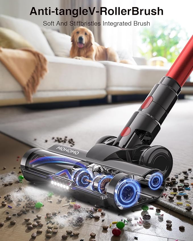 Cordless Vacuum Cleaner, 600W 50KPa 70Mins Vacuum Cleaners for Home, Self-Standing Stick Vacuum with Anti-Tangle Brush & OLED Touch Screen, Vacuum Cleaner for Hardwood Floors,Carpet,Pet Hair,Car (Red)