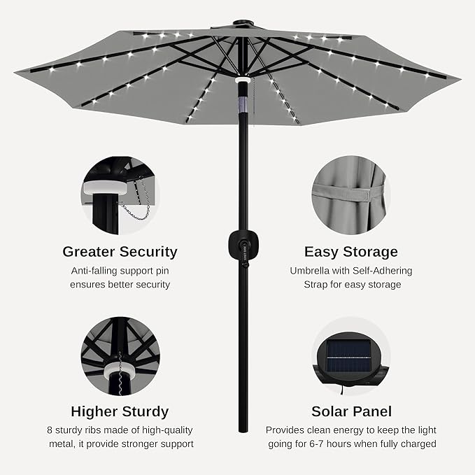 EAST OAK Patio Umbrella, 9 ft Outdoor Table Umbrella with 40 LED Solar Lights and 8 Ribs, 1.9inch Aluminum Pole, UPF 50+ Fade Resistant and Push Button Tilt for Deck and Poolside, Mountain Gray