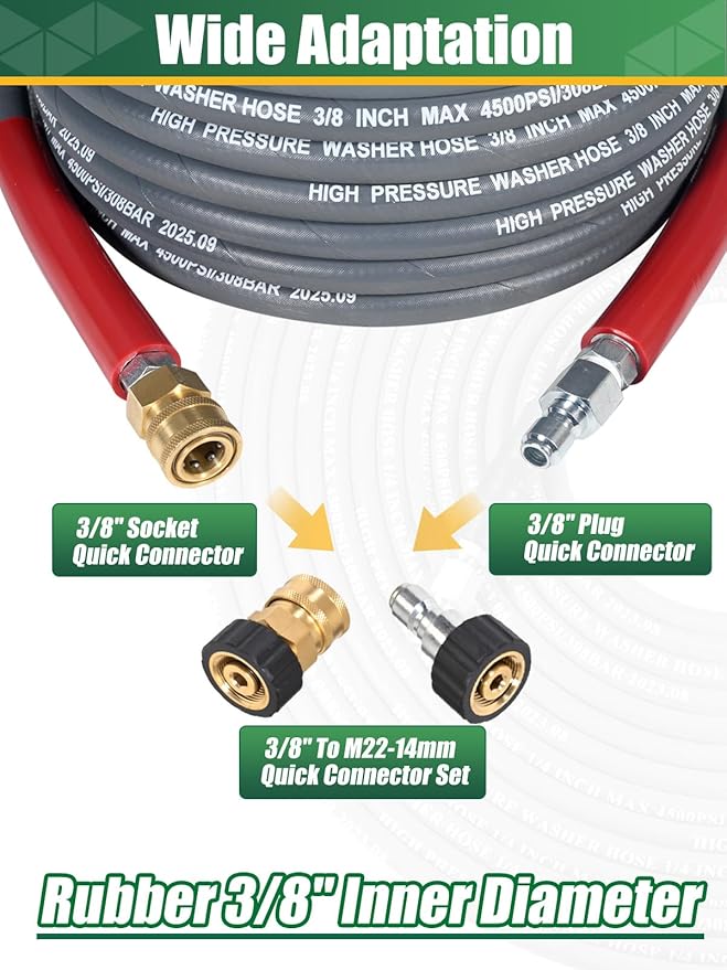 3/8″ Pressure Washer Hose 125 FT — 4500 PSI Steel-Braided Non-Marking Rubber | For Hot & Cold Water, Quick-Connect With M22 Fittings, Industrial-Grade Replacement for Gas Pressure Washers