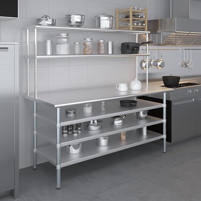 Amgood 30" x 72" Stainless Steel Work Table with 3 Shelves and 12" Wide Double Tier Overshelf | Metal Kitchen Prep Table & Shelving Combo | NSF