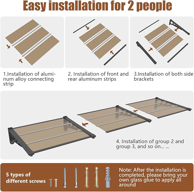 Door Awning Window Canopy, Modular Spliced Awnings for Outside,Porch,Patio,Deck,Polycarbonate Sheet,UV, Rain, and Snow Protection (Brown Board & Black Bracket, 35'’*40'’)