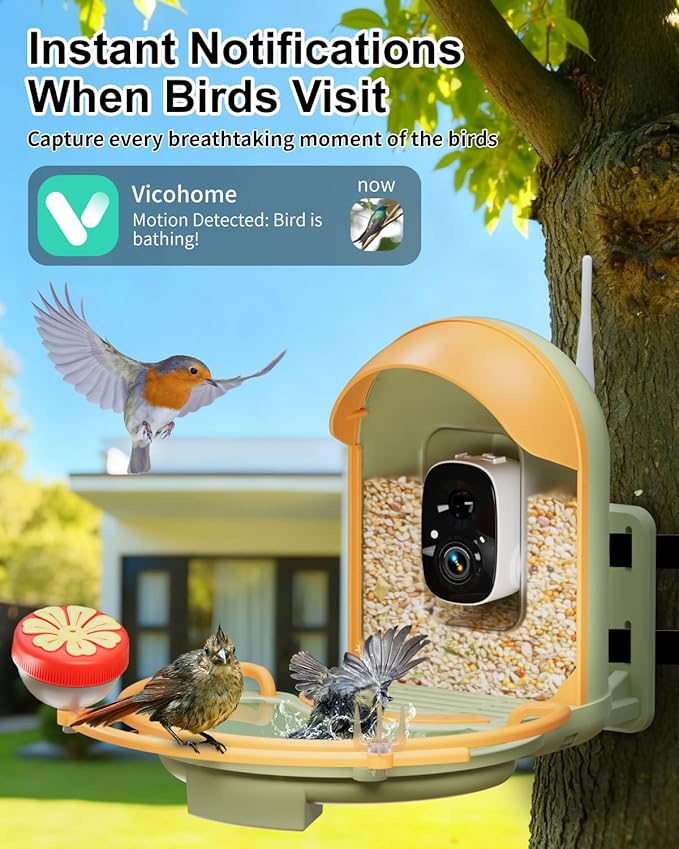 Bird Feeder with Camera, Smart Birdfeeder with Cam Solar Powered, 2K HD Video, AI Identification, Instant Arrival Alerts, IP66 Bird Bath & Feeder,Gift for BirdLover (with BirdBath, Green)