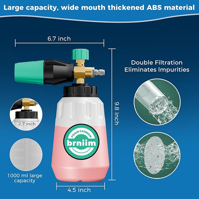 Foam Cannon for Pressure Washer with 1/4" Quick Connector，Heavy Duty Car Foam -1L Blaster Wide Neck Adjustable Snow Foam Lance，with 5 Pressure Washer Nozzle Tips