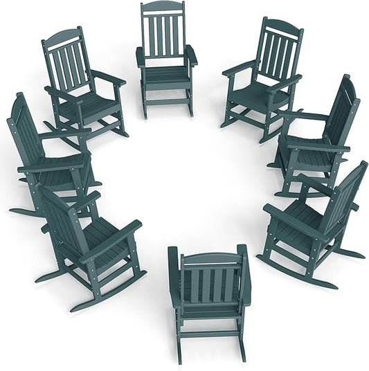 FOOWIN Outdoor Rocking Chair Set of 8, High Back Patio Rocking Chair, HDPE All Weather Resistant Porch Rocker for Adult, Oversized Rocking Chairs for Garden, Lawn, Indoor & Outdoor Use, Dark Green