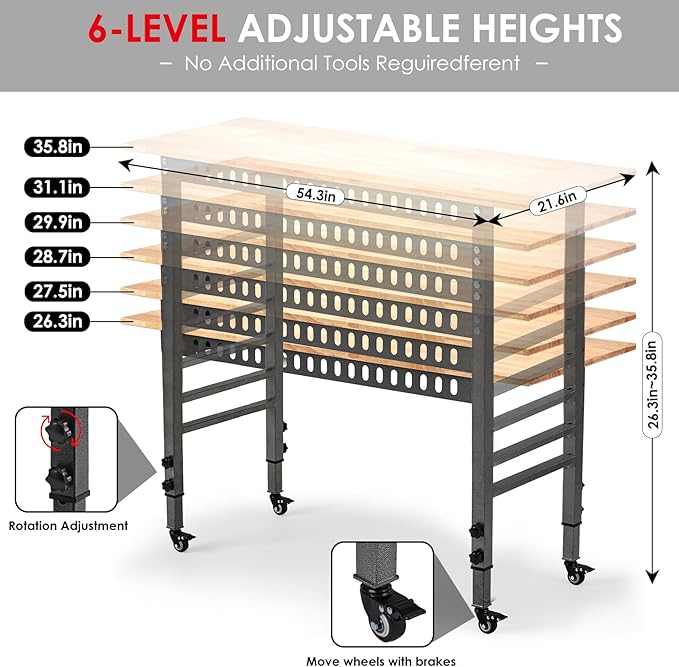 54.3 "Adjustable Workbench with Power Outlet, Heavy Duty 2000 LBS Load Capacity Hardwood Workbench Suitable for Workshop, Office, Garage, Home (Metal Wheels丨Power Outlets 54.3"x21.6")
