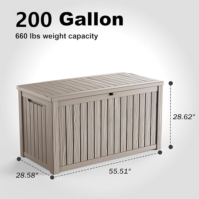 EasyUp 200 Gallon Outdoor Storage Box Waterproof, Lockable Resin Deck Box UV Resistant with Hydraulic Rod, Reinforced Stability for Patio, Garden, and Pool, Striped Gray
