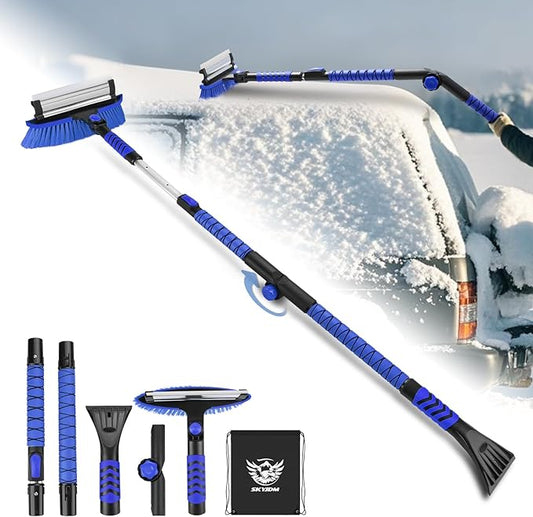 62.4" Foldable Snow Brush and Ice Scrapers for Car Windshield, Adjustable & Extendable Ice Removal Tool with Non-Slip Foam Grip, 180° Pivoting Snow Brush for Car, SUV, Truck, Blue