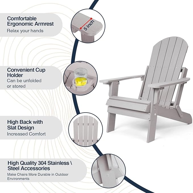 Folding Adirondack Chairs Set of 4, All Weather Resistant Plastic Chairs with Cup Holder, Fold or Unfold Easily in 1 Second, Outdoor Chairs for Patio, Garden, Backyard Deck, Lawn Fire Pit(Grey)
