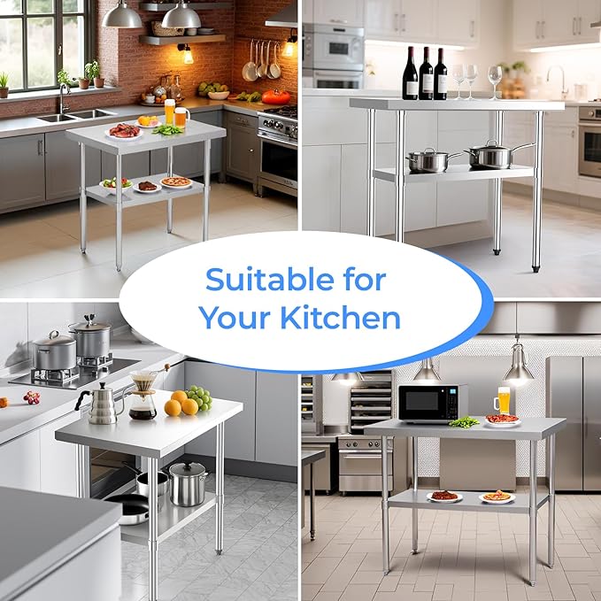 NUUK Stainless Steel Grill Work Table 24" x 36" Heavy Duty Commercial Workstation Adjustable Height Kitchen Food Prep Worktable for Restaurant, Home and Hotel