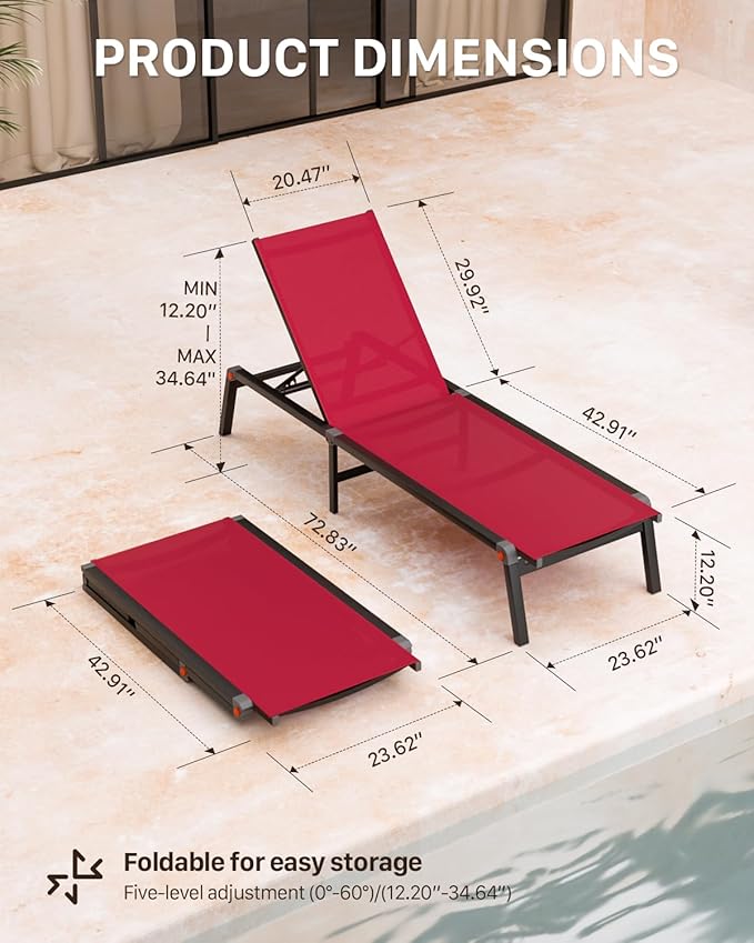 Aluminum Patio Chaise Lounge Chair Set of 2 with Side Table,5-Position Adjustable Backrest,Foldable Lounge Chair Outdoor,Pool Lounge Chairs for Poolside,Lawn,Deck,Beach (Red, 2 Pack+Table)