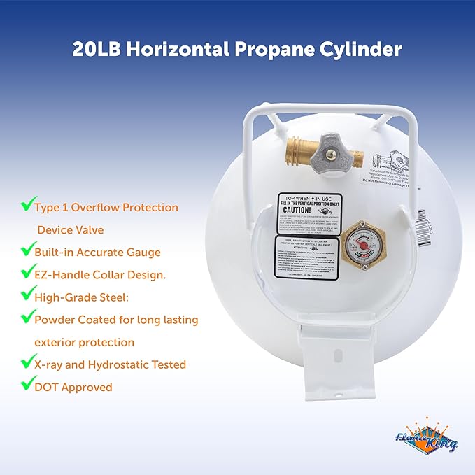 Flame King YSN201HZL 20-LB Steel Horizontal Propane Tank Cylinder for Fire Pits and Tables, Patio Heaters, Barbeques, RVs, and Truck Campers, White