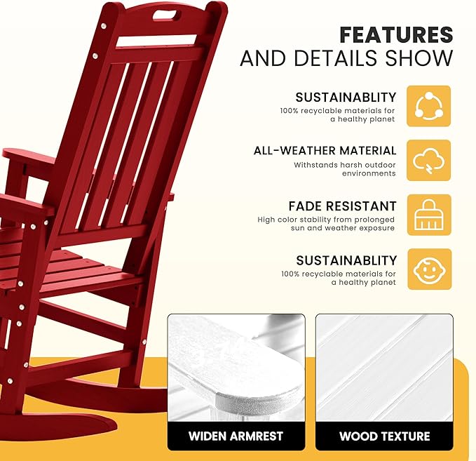 LOUNZY Outdoor Rocking Chair with Footboards Set of 2, HDPE Rocking Chair Patio Porch Rocker with 380lbs Support for Adult, Dark Red