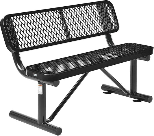 Global Industrial 4'L Heavy Duty Expanded Metal Mesh Bench with Backrest with Steel Frame, Portable Outdoor Bench, 1000 lbs Capacity, Black, 48" L x 24" W x 33" H