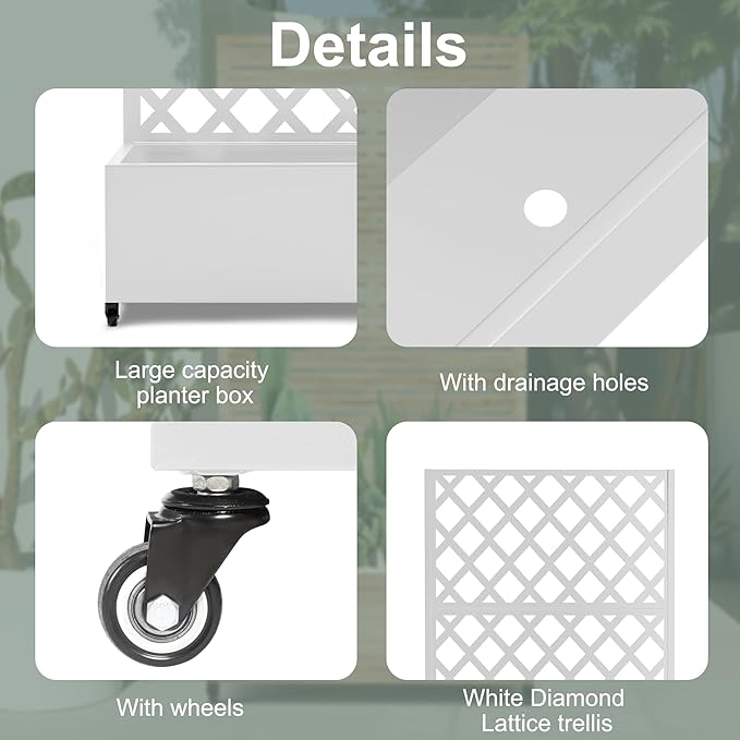 Metal Large Garden Bed with Trellis & Wheels, Planter Box with Privacy Screen for Climbing Plants, Privacy Planters for Patio, 35" L Garden Boxes with Drainage Holes (White Diamond)