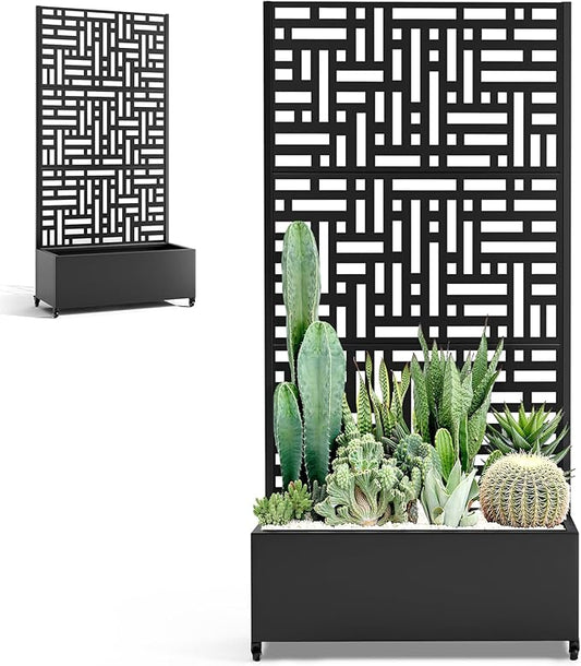 Metal Raised Garden Bed with Trellis Privacy Screen for Outdoor Plants, Planter Box with Wheels for Patio, 35"L×16"W×71"H Privacy Planters for Climbing Vegetables, Flowers, Fruits (Black Street)