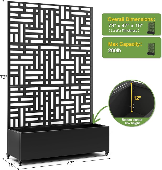 FENCY Metal Raised Garden Bed with Wheels and Trellis,73"x47"x16" Planter Box for Climbing Plants, Vegetables & Vines, Features Privacy Screen and Drainage Holes (Black-Geometric Lattice)