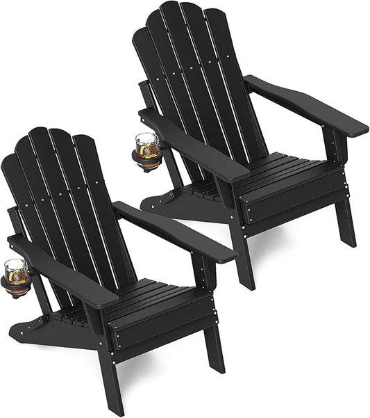 FOOWIN Adjustable Adirondack Chair Set of 2, Folding Adirondack Chair with Cup Holder, HDPE All-Weather Fire Pit Chair with 3 Recline Positions, Suitable for Patio, Garden, Backyard, Poolside, Black