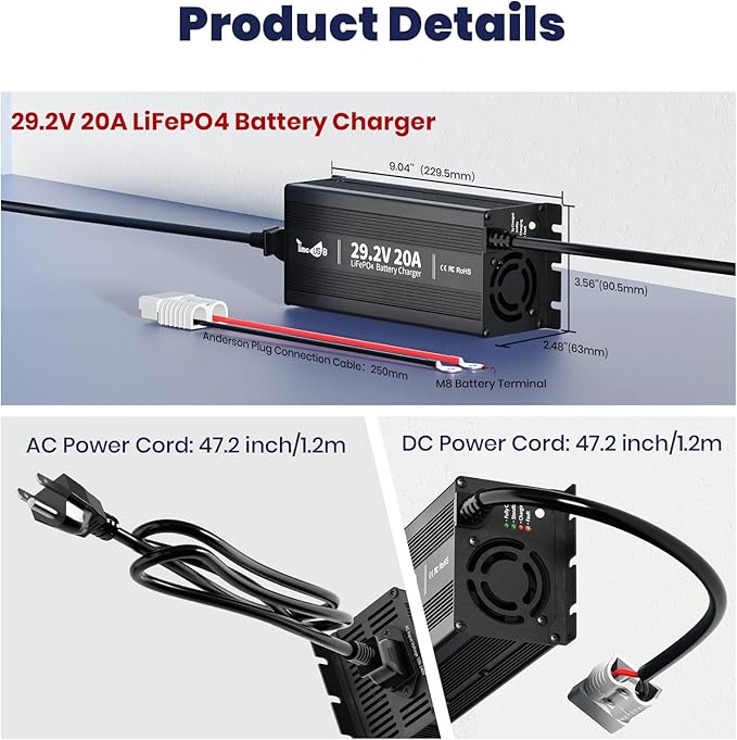 29.2V 20A LiFePO4 Battery Charger, 24V MINI Mountable Lithium Battery Charger with LED Indicators and Multi Safety Protections for Lithium Iron Deep Cycle Rechargeable Batteries of Boat, RV (Mini)