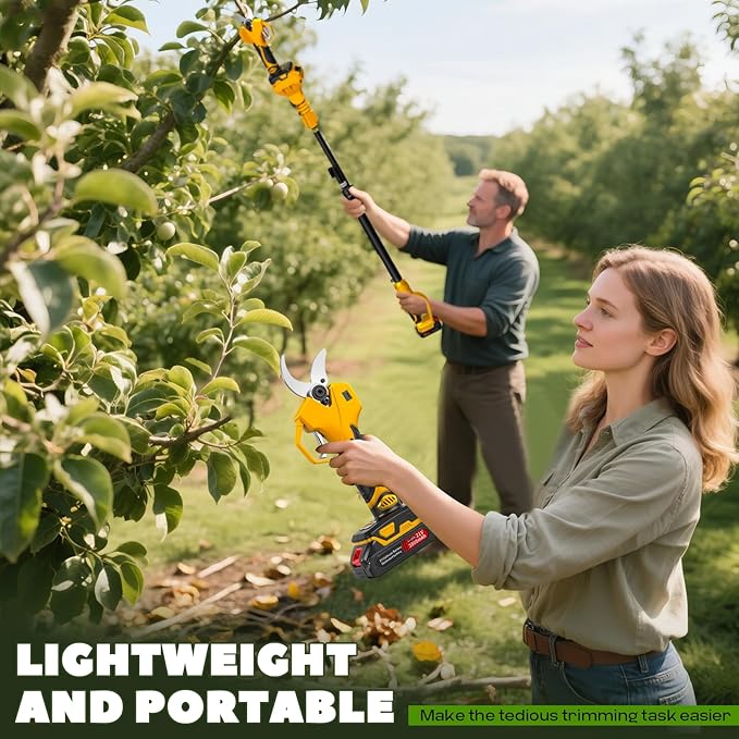 2-in-1 Cordless Electric Pruning Shears, 2.5" Cutting Diameter Electric Pruner, 15Ft Max Reach with 2x 21V 4000mAh Batteries, LCD Display, SK5 Blades for Tree Trimming, Branch Cutter (YELLOW)