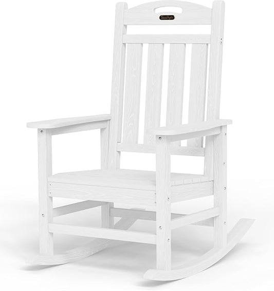 Oversized Outdoor Rocking Chair, High Back Porch Rocker Chair, HDPE All Weather Resistant Rocking Chairs for Patio,380lbs Weight Capacity, White