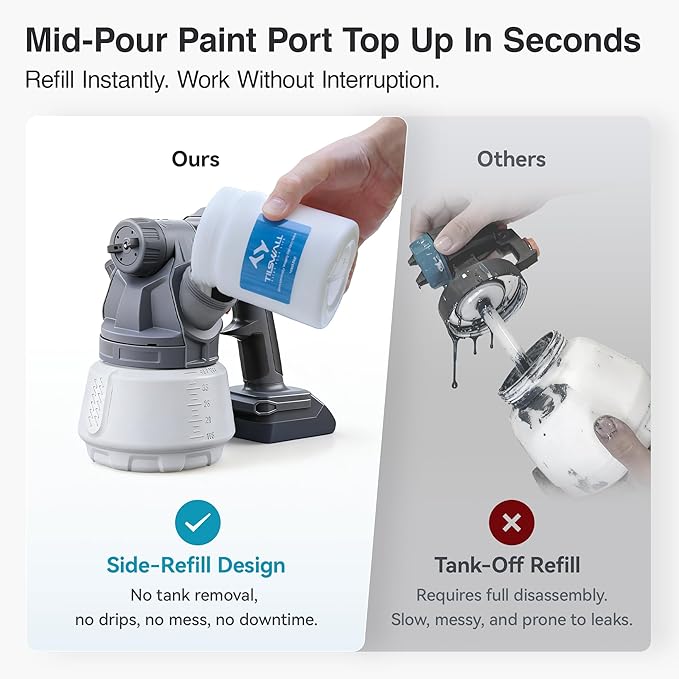 Tilswall Brushless Cordless Paint Sprayer Compatible with Dewalt 20V Battery (Battery Not Included), Easy Side-Fill, 1300ml Container, Electric HVLP Spray Paint Gun for House Painting, Furniture