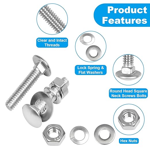 Yinpecly 24 Sets 1/4-20 x 1-1/4" Carriage Bolts Screws, 304 Stainless Steel Round Head Square Neck Carriage Bolts and Nuts Kit, with Flat & Lock Washers, Full Thread Coverage