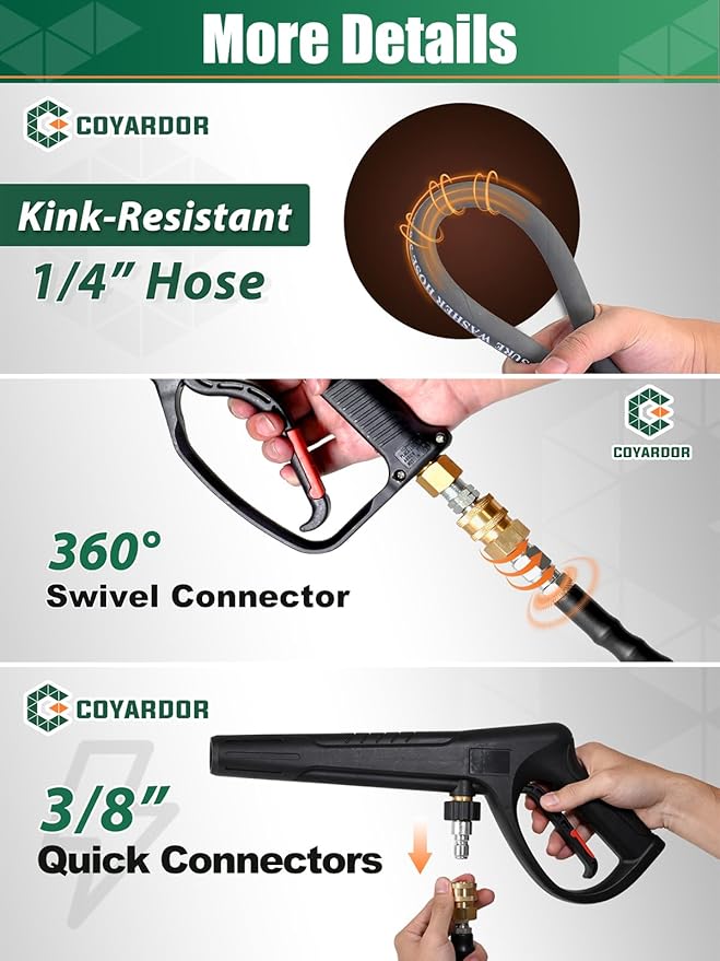 1/4” Pressure Washer Hose 35 FT 4500 PSI, Steel Braided Layer & NonMarking Rubber for Hot/Cold Water High Power Washer Replacement With Quick Connect & M22 Fitting, Industrial-grade