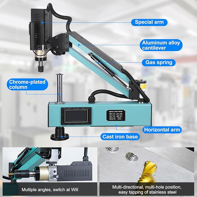 Doppy Electric Tapping Machine M6-M30, 360° Multi-Directions Tapping Machine 0-156rpm/min, 9PCS Collets, Rated Power 1200W, Voltage AC 220V, for Machinery Manufacturing, Mould and Other Industries