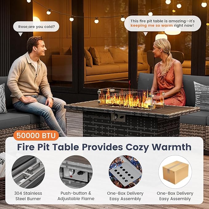 UDPATIO 44" Propane Gas Fire Pit Table, 55000 BTU Rectangular Fire Pit with Glass Wind Guard for Outside Patio Deck Garden Backyard