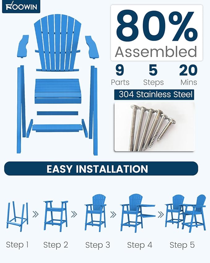 FOOWIN Tall Adirondack Chair Set of 8, All Weather HDPE Bar Height Adirondack Chair with Double Connecting Trays, Adirondack Barstools for Balcony, Deck, Backyard, Patio, Garden Pacific Blue