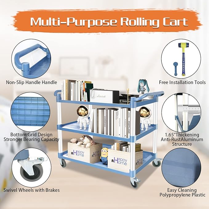 Utility Carts with Wheels Large Size Rolling Cart with Wheels Heavy Duty 600 LBS Food Cart with Lockable Wheels and Hammer for Kitchen/Office/Warehouse, 39.5" D x 19.3" W x 39.5" H(Grey Large Size)