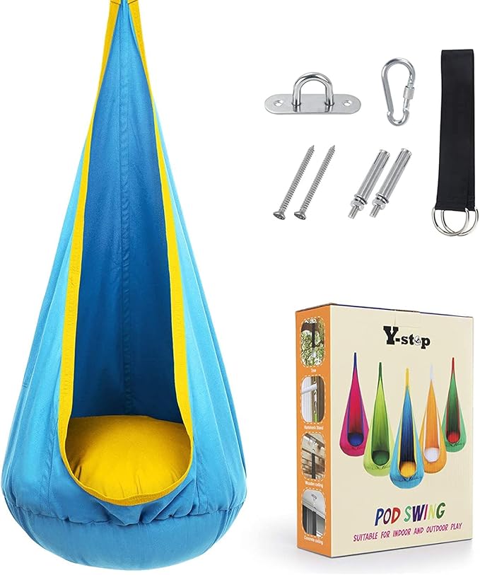Y- STOP Kids Pod Swing Seat, Hanging Hammock Chair Swing with Inflatable Pillow, Sensory Swing Chair with Pocket for Outdoor and Indoor (Blue Yellow)