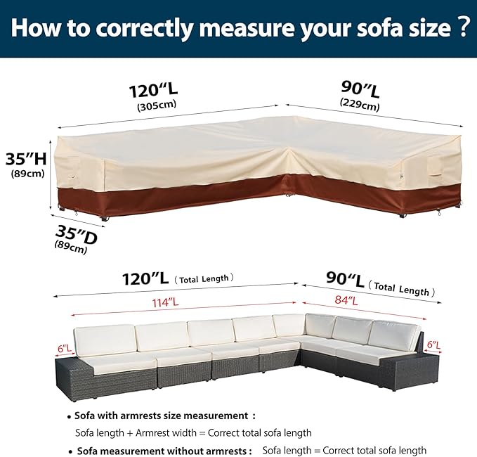 Outdoor Sectional Cover-L-Shaped Patio Furniture Covers Waterproof Rip-Stop Anti-UV 600D Outdoor Couch Sofa Cover with 3 Air Vents, Left-facing, 120''L(90''L)35''D35H"