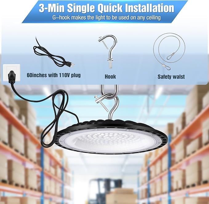 6 Pack 100W UFO Led High Bay Light Fixture,5000K Daylight Commercial Shop Bay Lighting,120v,15000LM,[450W MH/HPS Equiv.] US Plug Area Lighting for Warehouse/Barn/Gym/Factory/Workshop