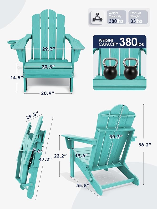 KINGYES Adjustable Folding Adirondack Chair, 3-Position Reclining Adirondack Chairs with Cup Holder, HDPE All-Weather Oversized Adirondack for Outdoor, Patio, Backyard Deck, Fire Pit, Aruba Blue