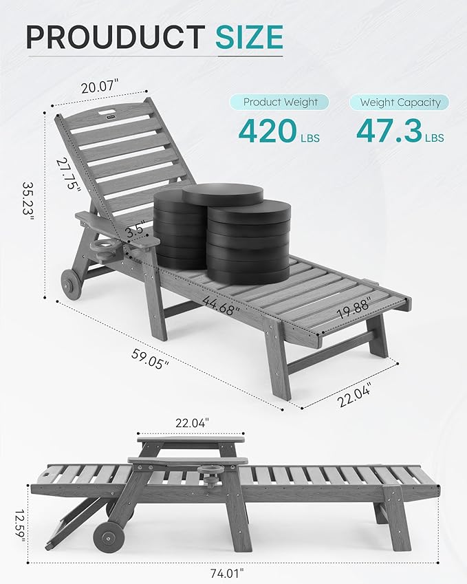 Chaise Lounge Chair Outdoor with Wheels, Oversize Patio Lounge Chairs with Wood Texture, 5-Position Plastic Lounge Chairs Set of 4-Grey(Separate Delivery)