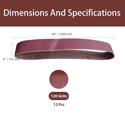 6x89 Inch Sanding Belts, 12Pcs 120 Grit Aluminum Oxide Abrasive Belts Multi-Grit Assortment for Wood & Metal Sanding/Polishing (12, 6x89 In-120Grit)