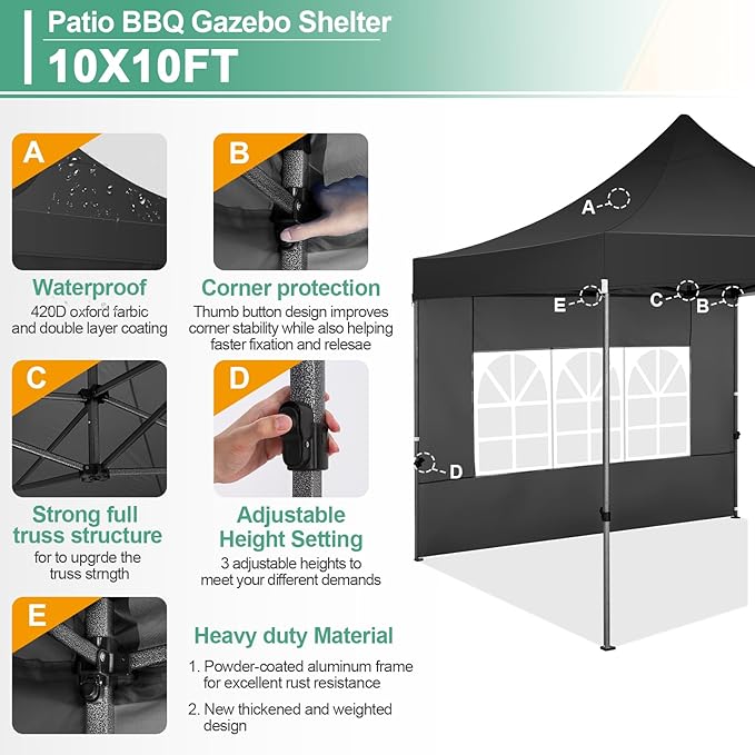 COBIZI 10x10 Pop Up Canopy with Sidewalls Heavy Duty Party Tent with Removable Awning Easy Up Outdoor Canopy Wedding, All Season Windproof&Waterproof with Roller Bag UPF 50+, Black