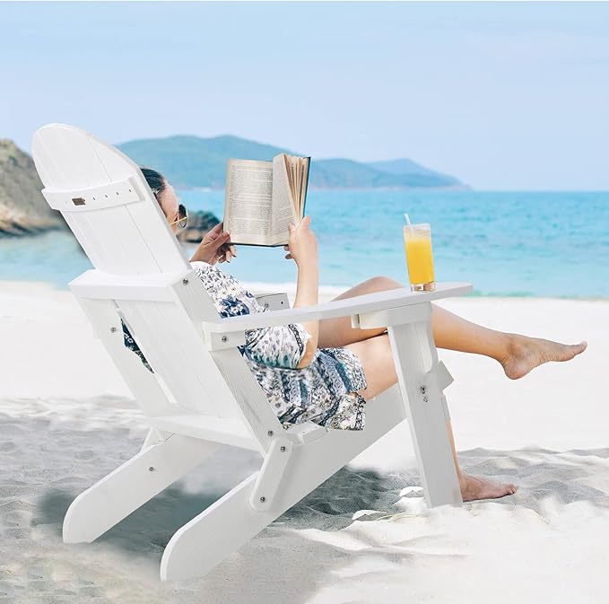 Folding Adirondack Chairs Set of 2, All Weather Resistant Plastic Chair with Cup Holder, Fold or Unfold Easily in 1 Second, Outdoor Chairs for Patio, Garden, Backyard Deck, Lawn, Fire Pit(White)