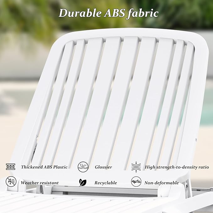 Domi Outdoor Chaise Lounge Chairs Set of 2 with Side Table, Aluminum Poolside Lounge Chairs for Outside with 5 Position Adjustable Backrest and Wheels for Beach, Yard, Poolside, White