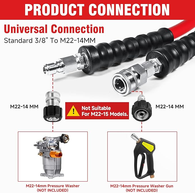 3/8" Super Wear Resistant Pressure Washer Hose 150 FT,Kink Resistant Power Washer Replacement Hose Steel Wire Braided for Hot and Cold Water, with M22 14mm to 3/8" Swivel Quick Connect, 4200 PSI