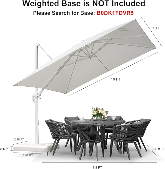 PURPLE LEAF 10 FT Patio Umbrella White Cantilever Umbrella Aluminum Square Outdoor Offset Umbrella Hanging Windproof with 360° Rotation for Garden Deck Pool, White