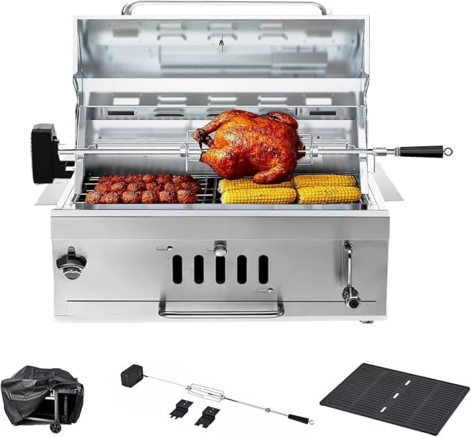 28In Built in BBQ Grills, Large Outside Charcoal Grill with BBQ Fork Kit Liftable Tray & Thermometer, Silver Stainless Steel Barbecue Grill for Outdoor Kitchen Cooking Patio Camping Park Style