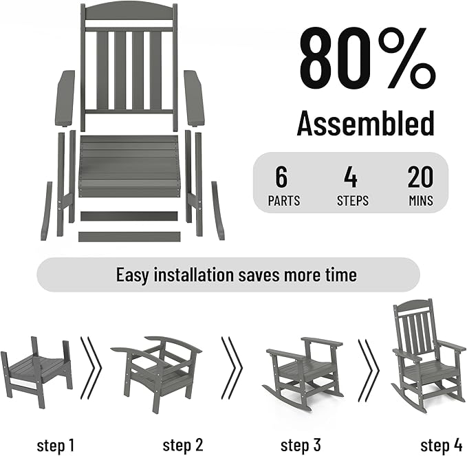 Outdoor Rocking Chairs Set of 6, Oversized High Back Patio Rocking Chairs, All Weather Porch Rocking Chairs for Outside. Dark Grey