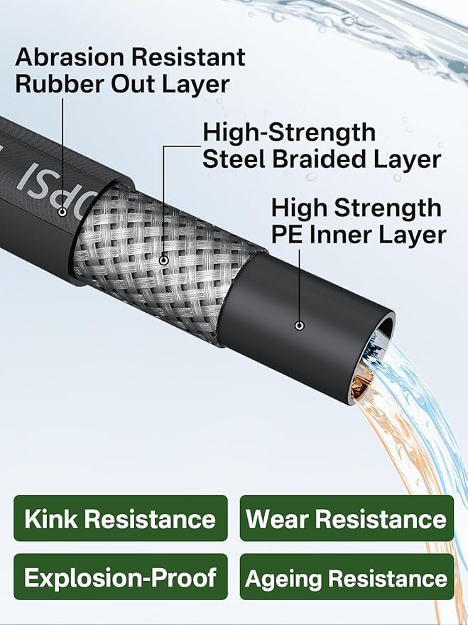 3/8" 4800PSI Pressure Washer Hose 50FT with Swivel Quick Connect for Cold/Hot Water Max 248°F, Kink Resistant Steel Wire Braided, Wear Resistant Power Washer Hose with M22 14mm Adapter