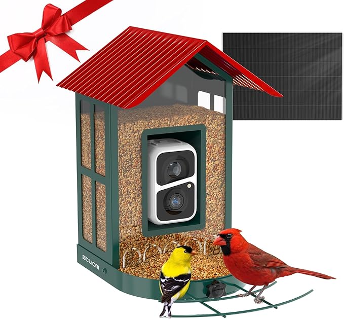 SOLIOM Solar Bird Feeder with Camera for Outdoors - Durable Metal AI Smart Birdhouse, 2K Live View & Instant Alerts, Squirrel Proof - Ideal Bird Watching Gift (Red)